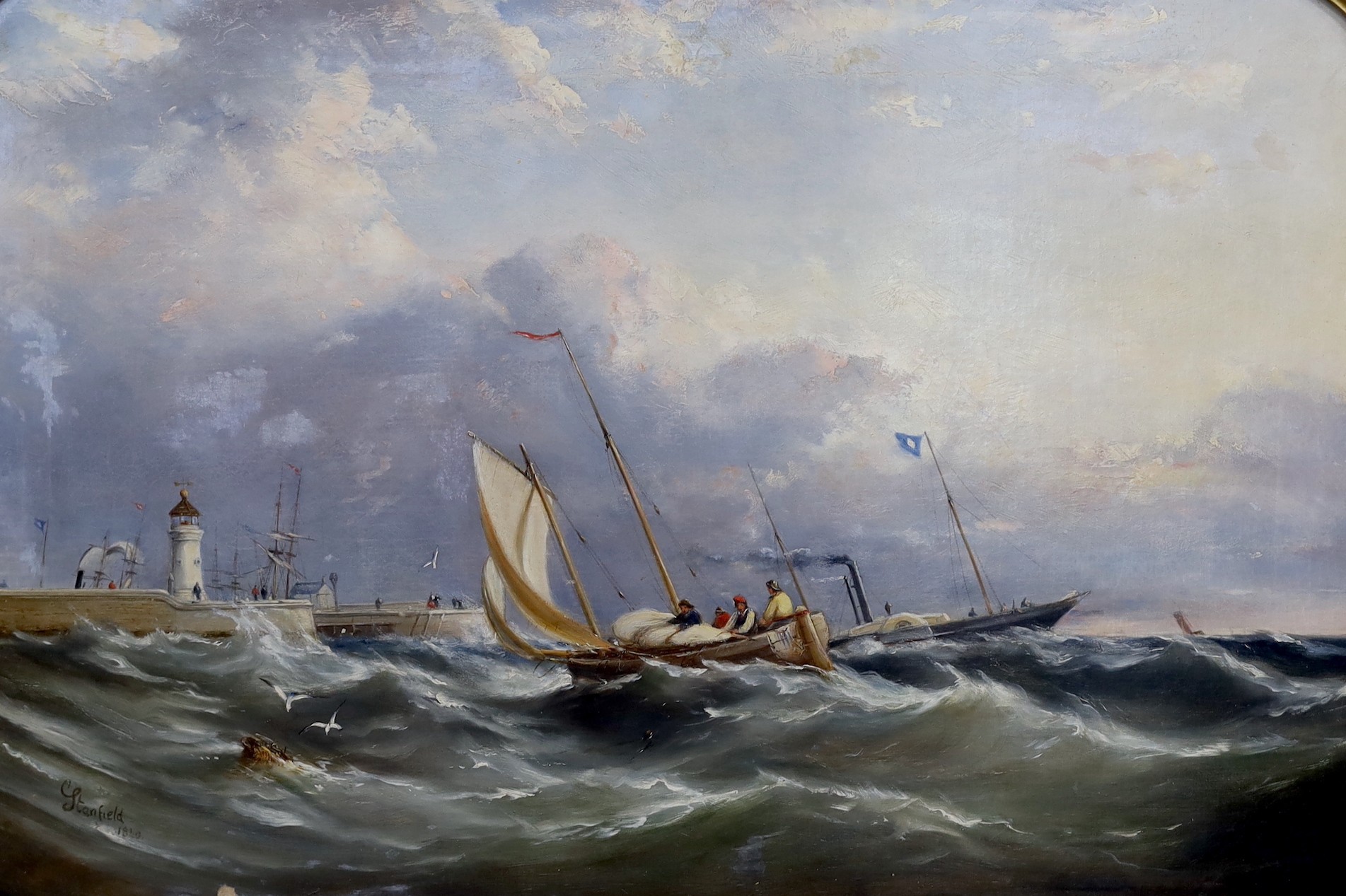 Circle of Clarkson Frederick Stanfield (1793-1867), oil on canvas, Fishing boat and paddlesteamer leaving harbour, bears signature and date 1860, 50 x 75cm